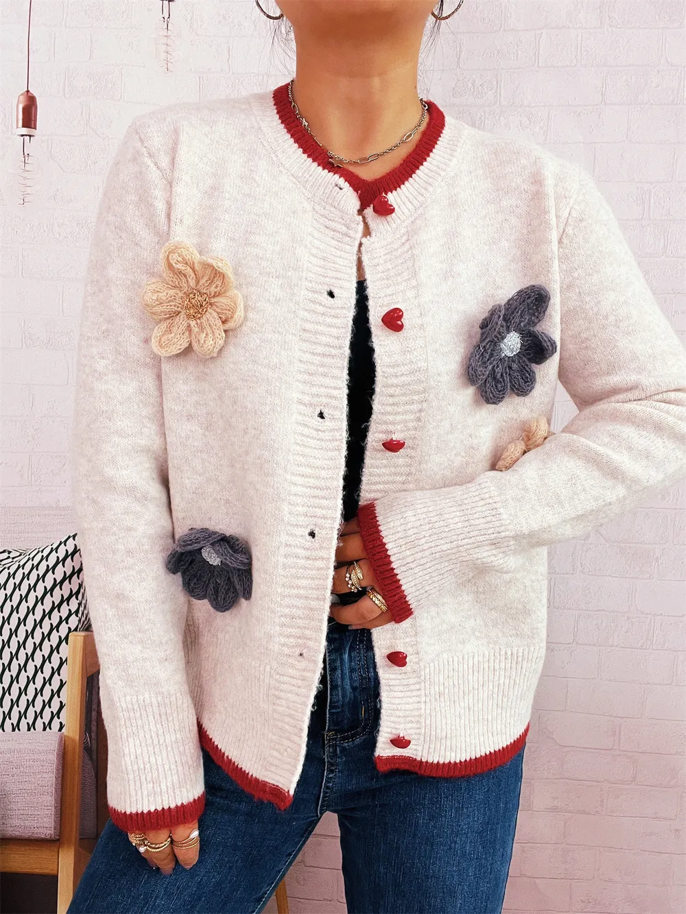 Flower Button Up Long Sleeve Cardigan, image 2