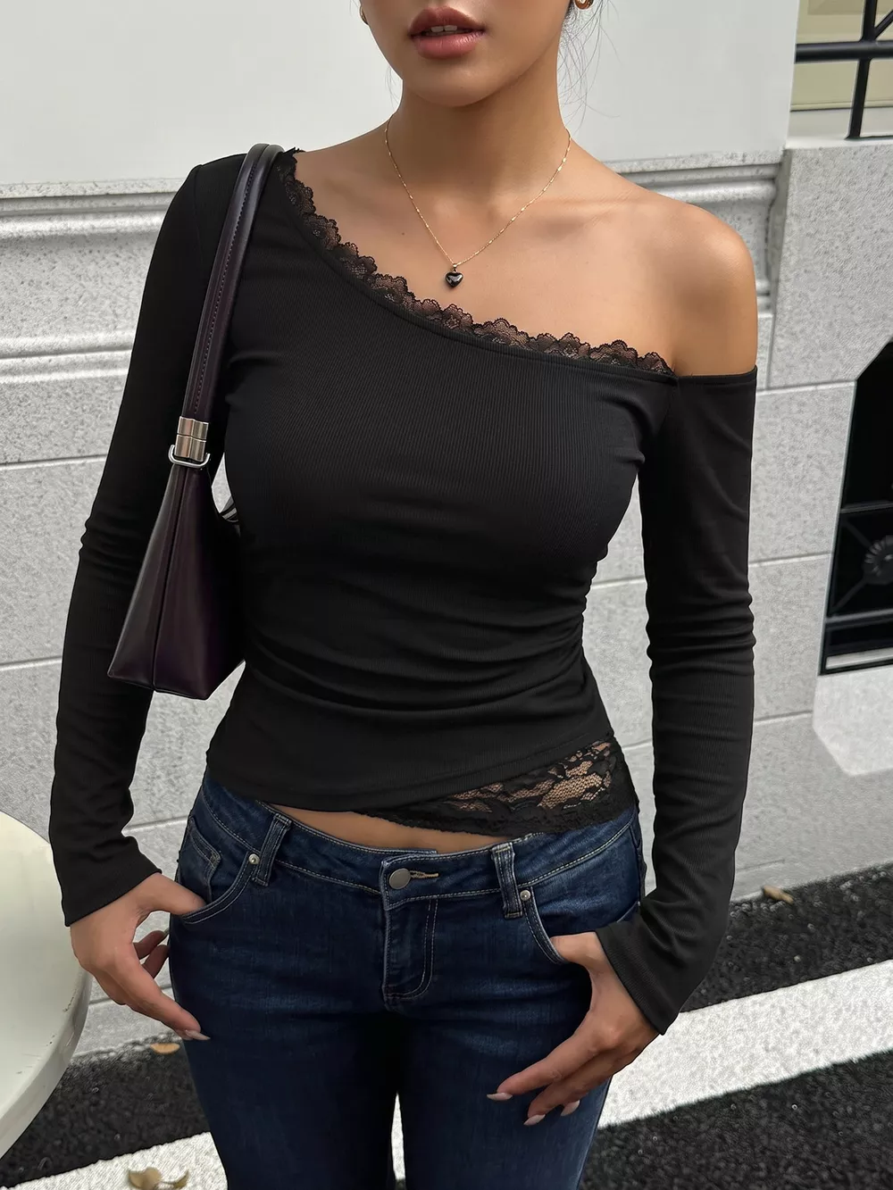 One-Shoulder Lace Trim Slim Fit T-Shirt, image 2