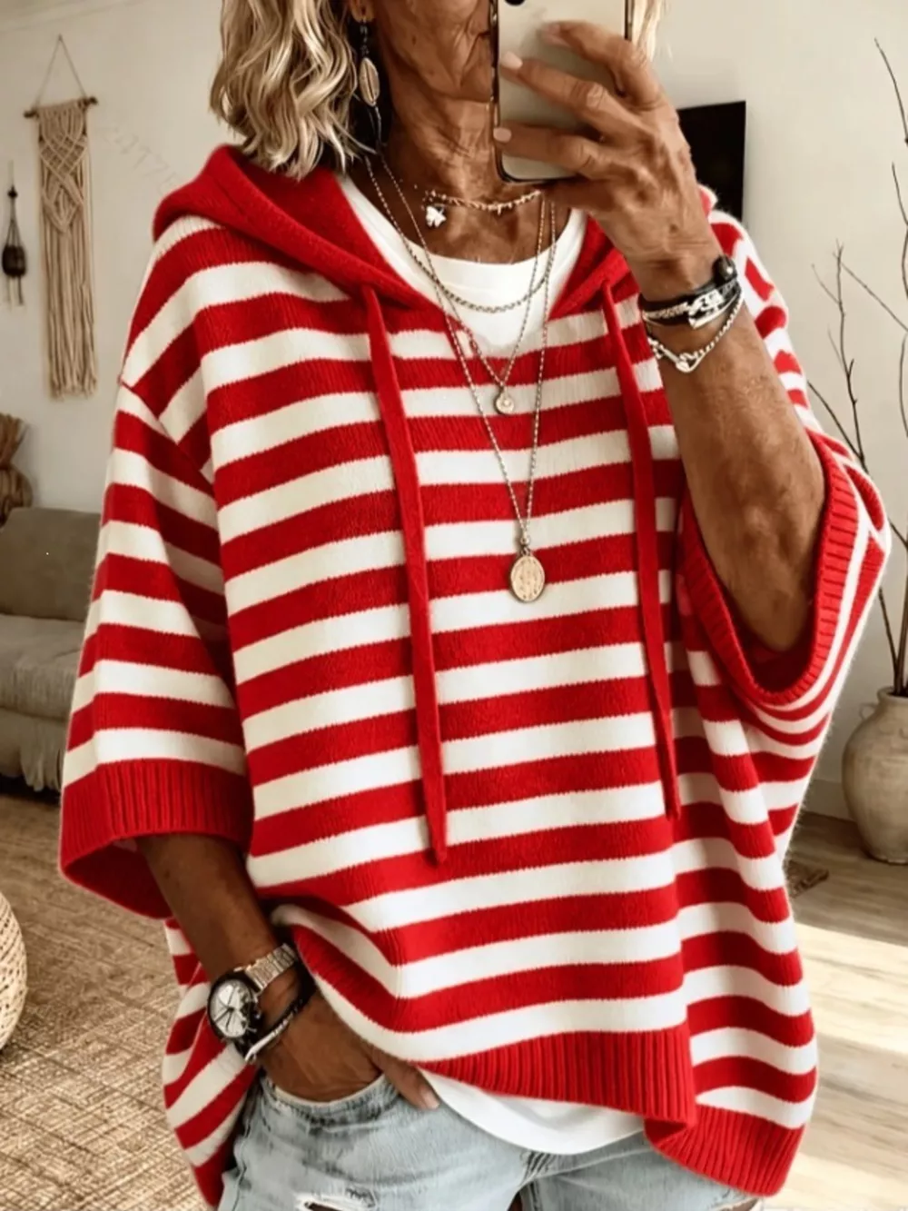 Casual Striped Hooded Knit Sweater, image 6