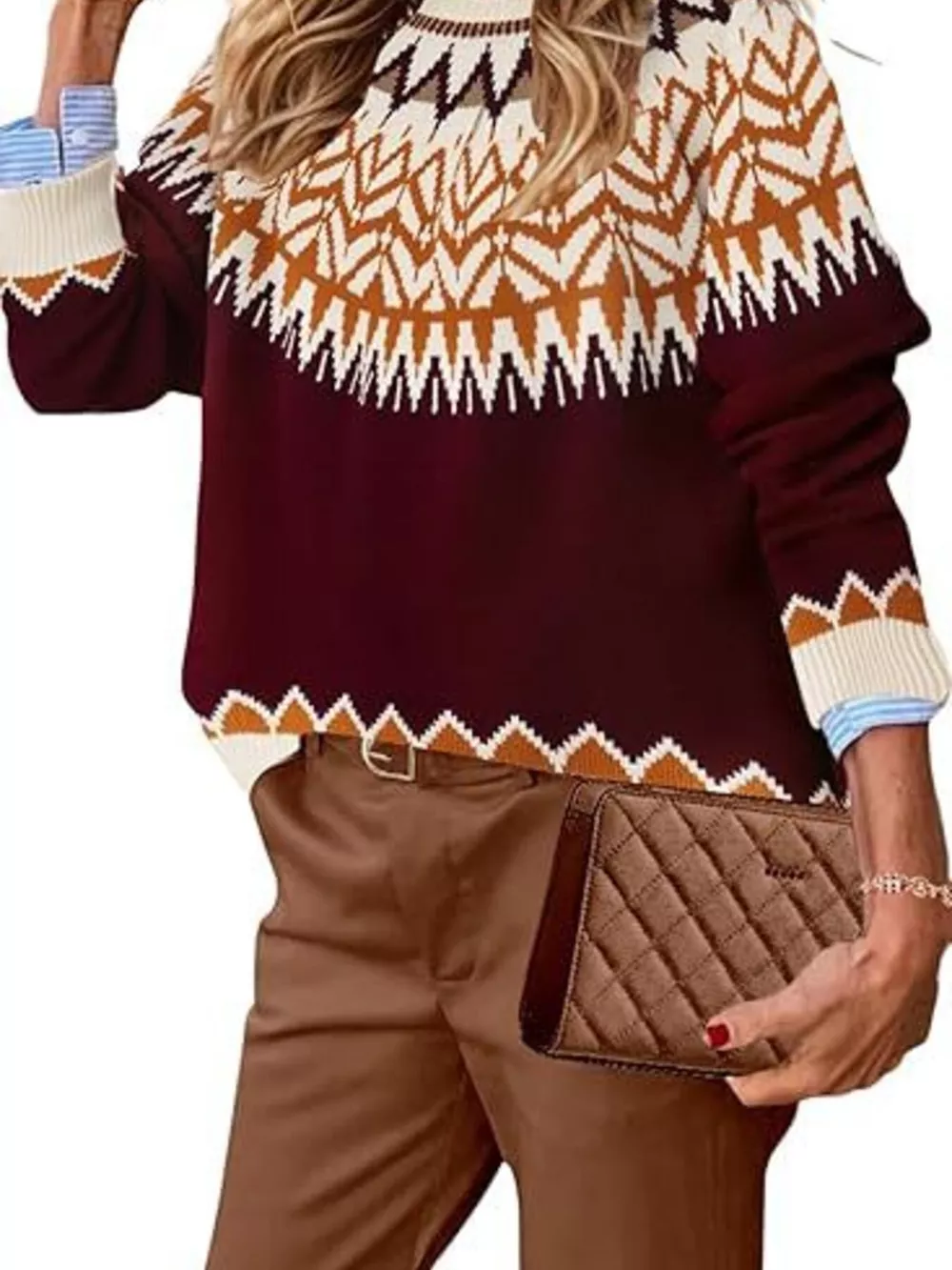 Full Size Fair Isle Patterned Long Sleeve Sweater Plus Size, image 13