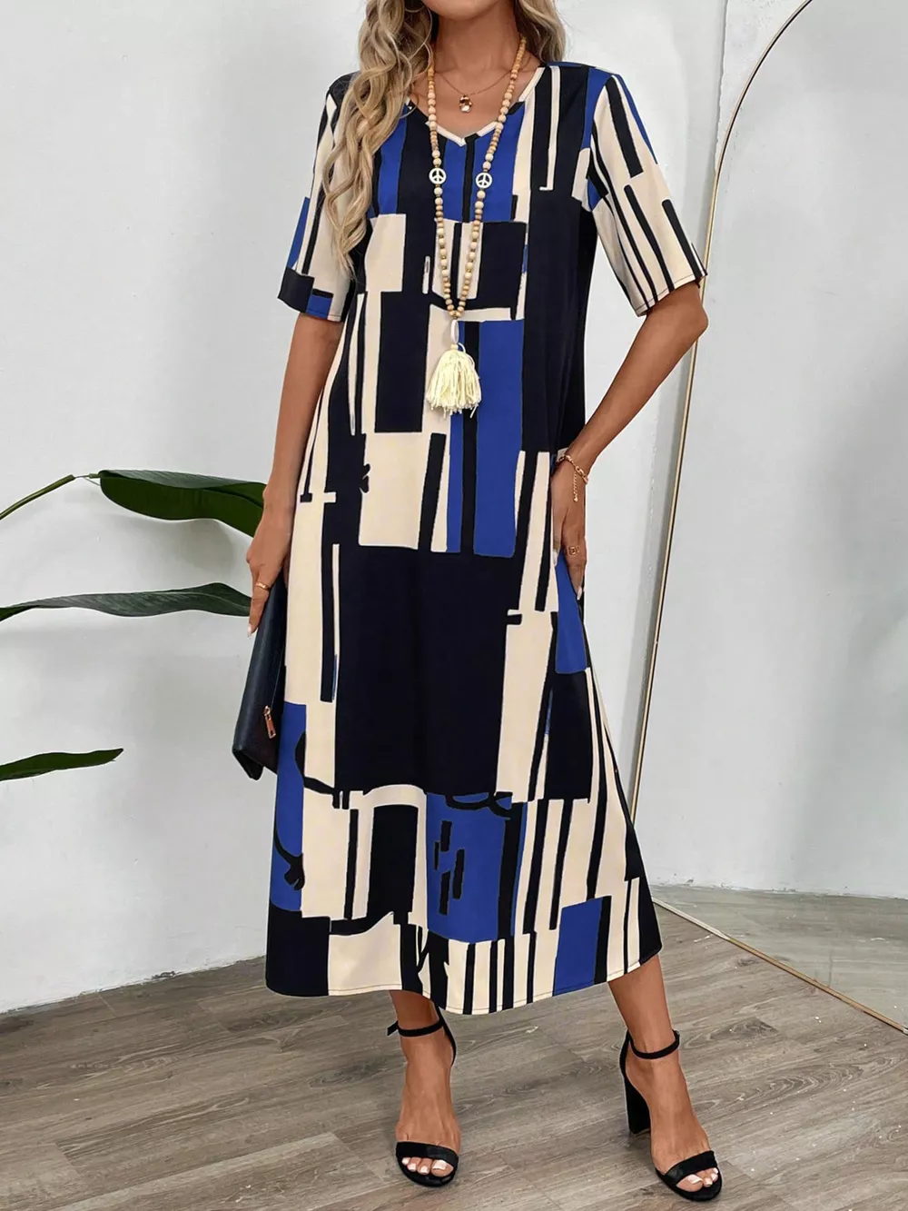 Abstract Geometric Print V-Neck Midi Dress, image 13
