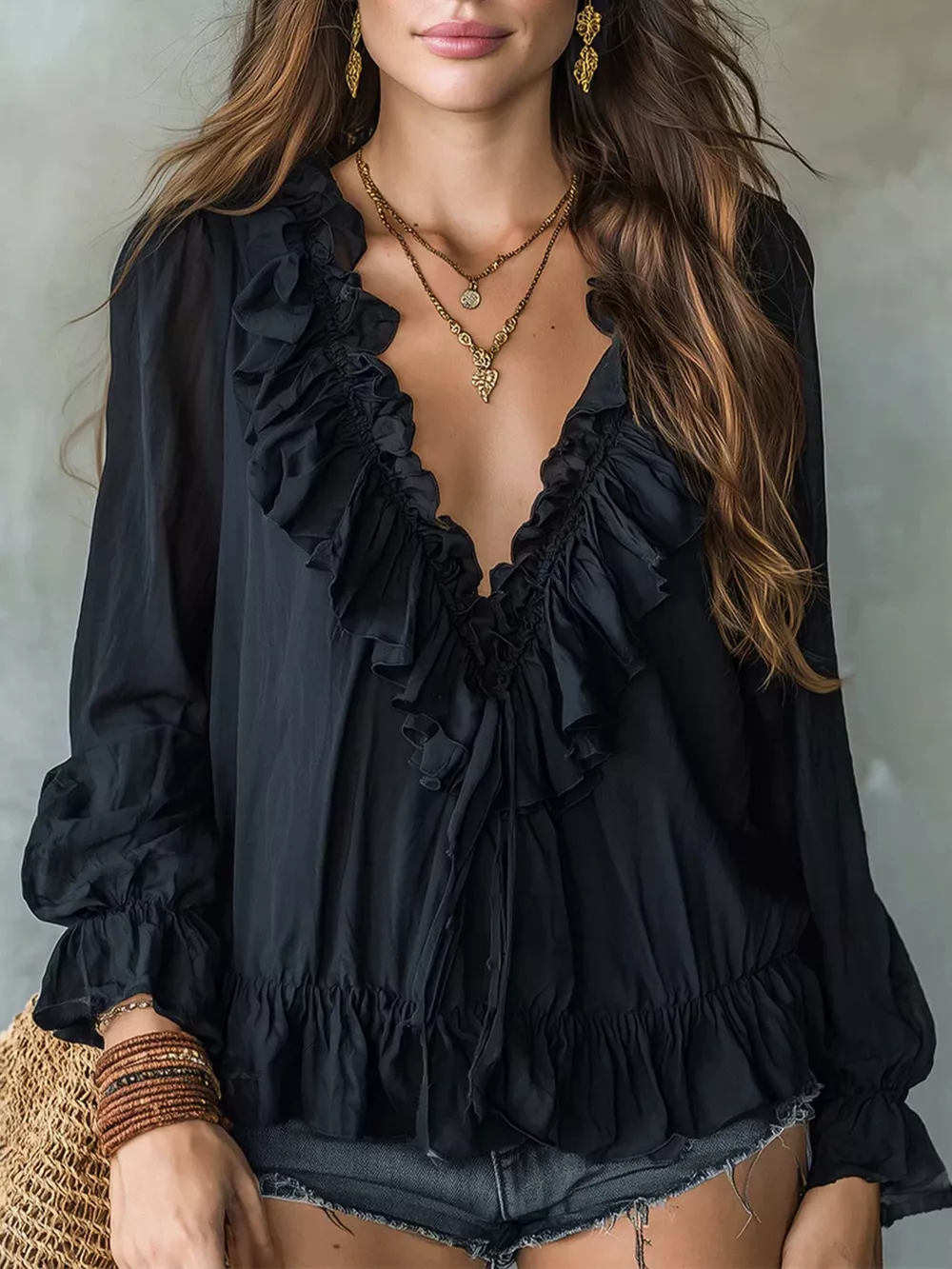 Ruffle V-Neck Long Sleeve Blouse, image 5
