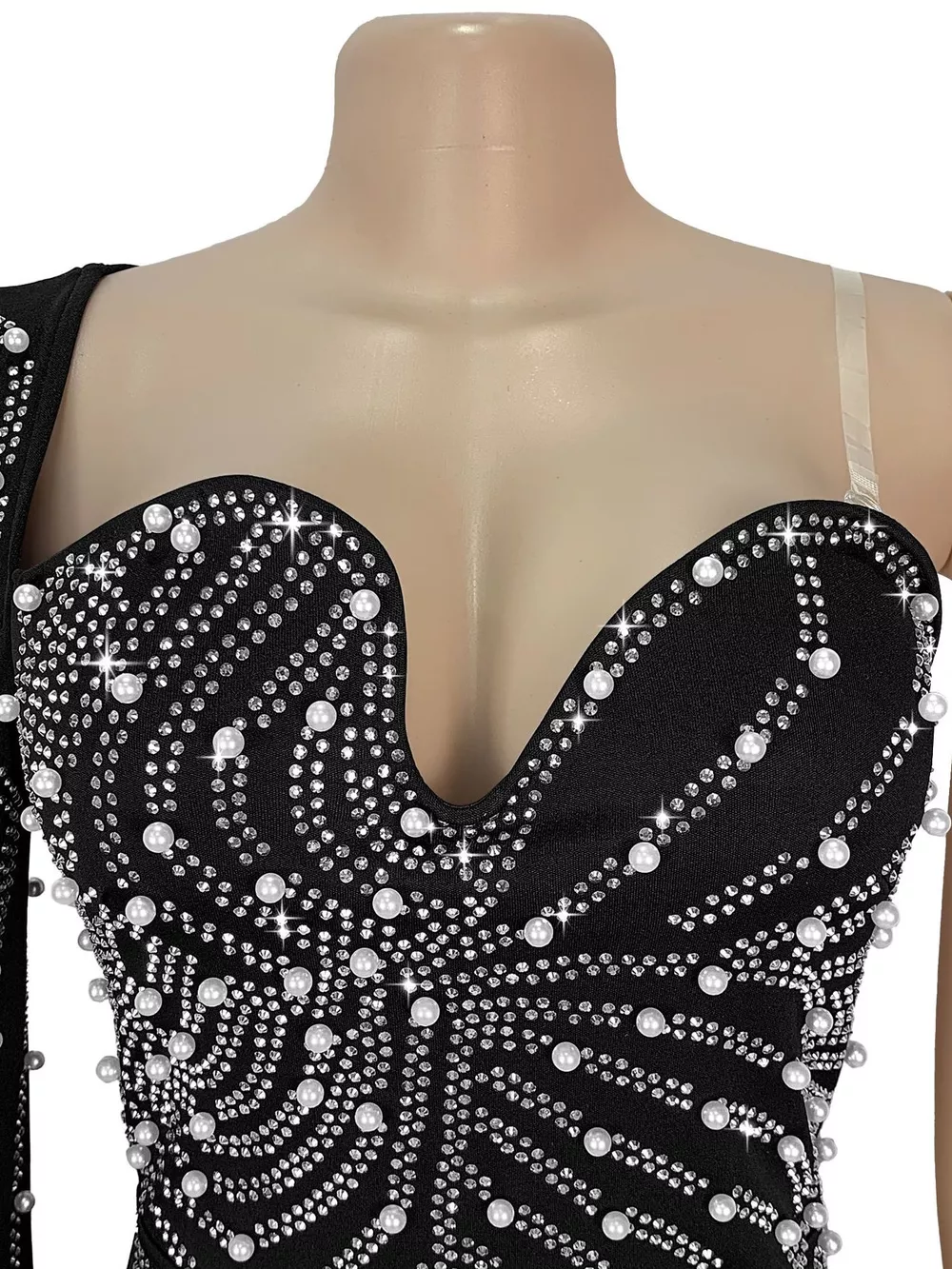 Rhinestone Pearl Detail One-Shoulder Mermaid Maxi Dress, image 8