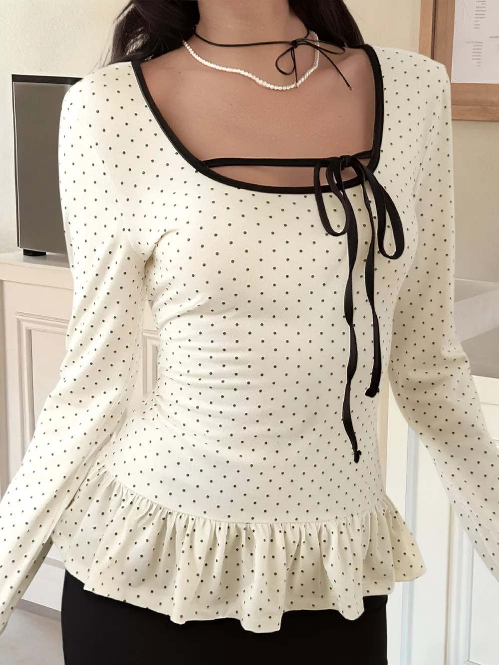 Polka Dot Ruffle Trim Long Sleeve T-Shirt, image 3