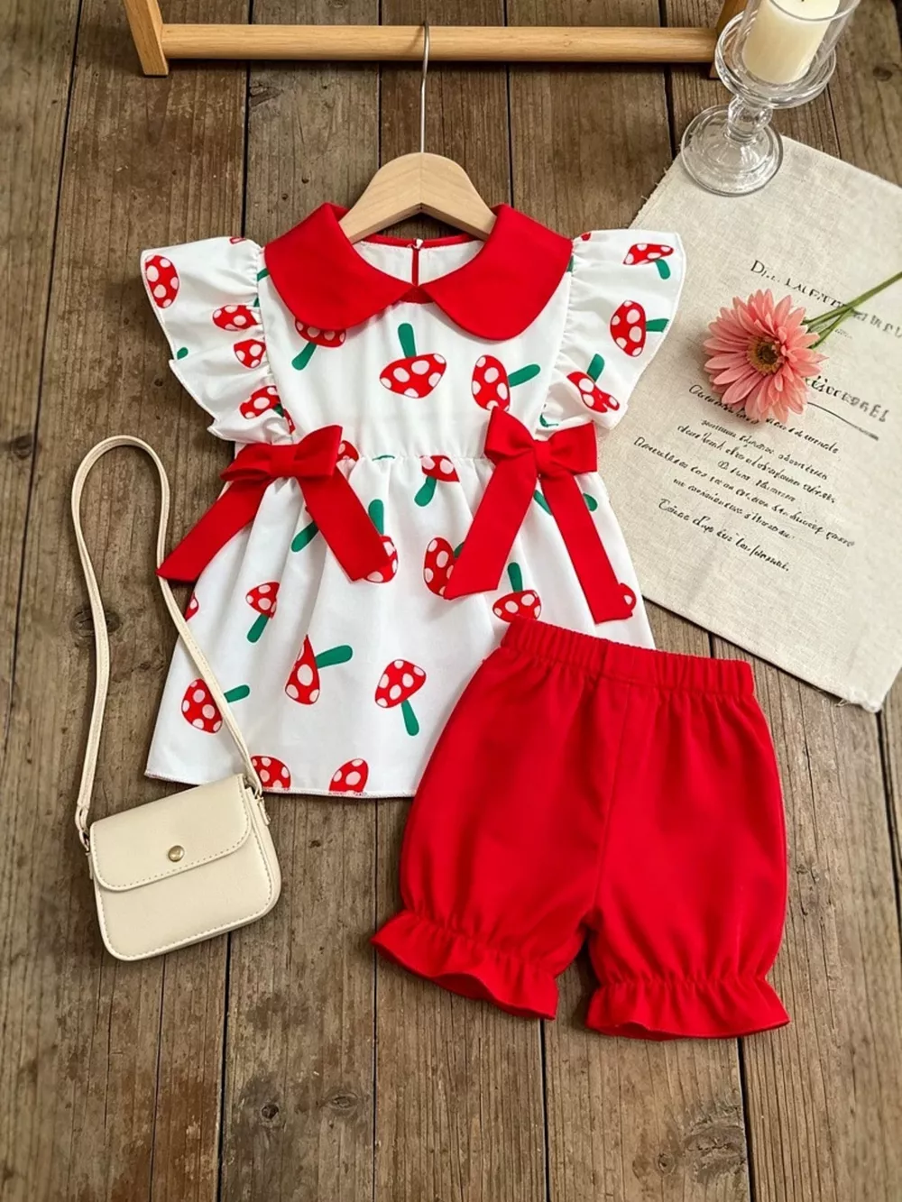 Children's Mushroom Print Ruffle Trim Top & Shorts Set, image 2