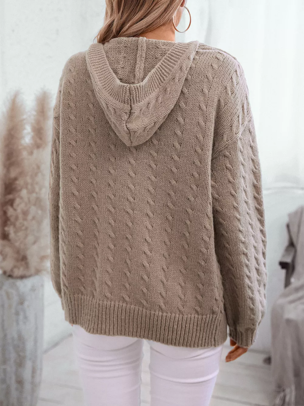Cable Knit Open Front Hooded Cardigan, image 3