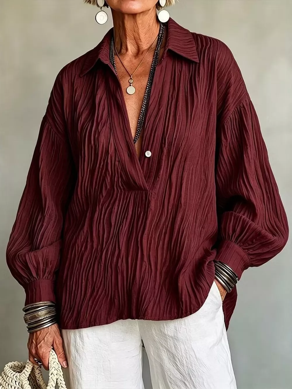 Full Size Texture Long Sleeve Blouse Plus Size, image 6