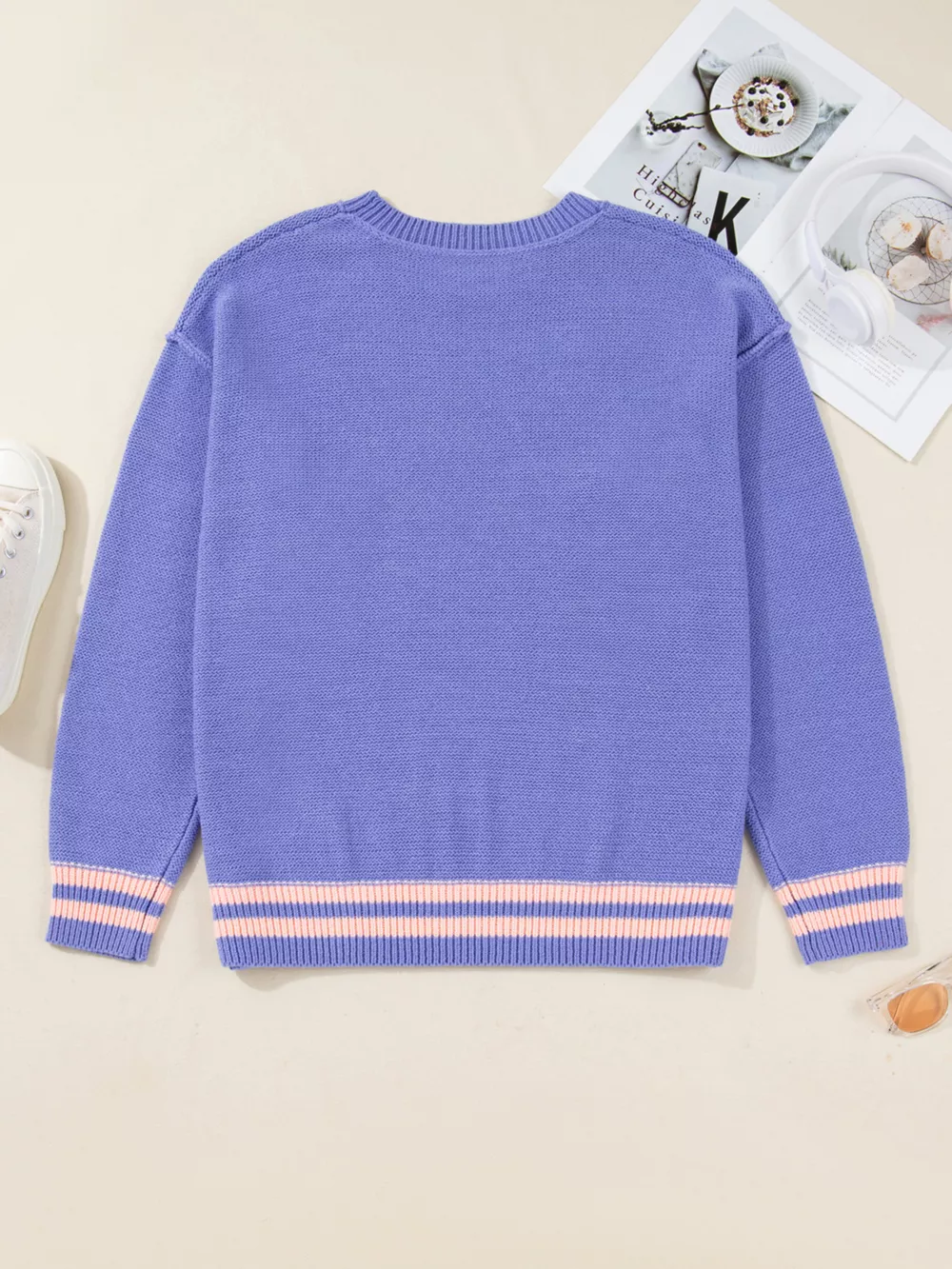 Plus Size Striped Trim Drop Shoulder Knit Loose Sweater, image 6