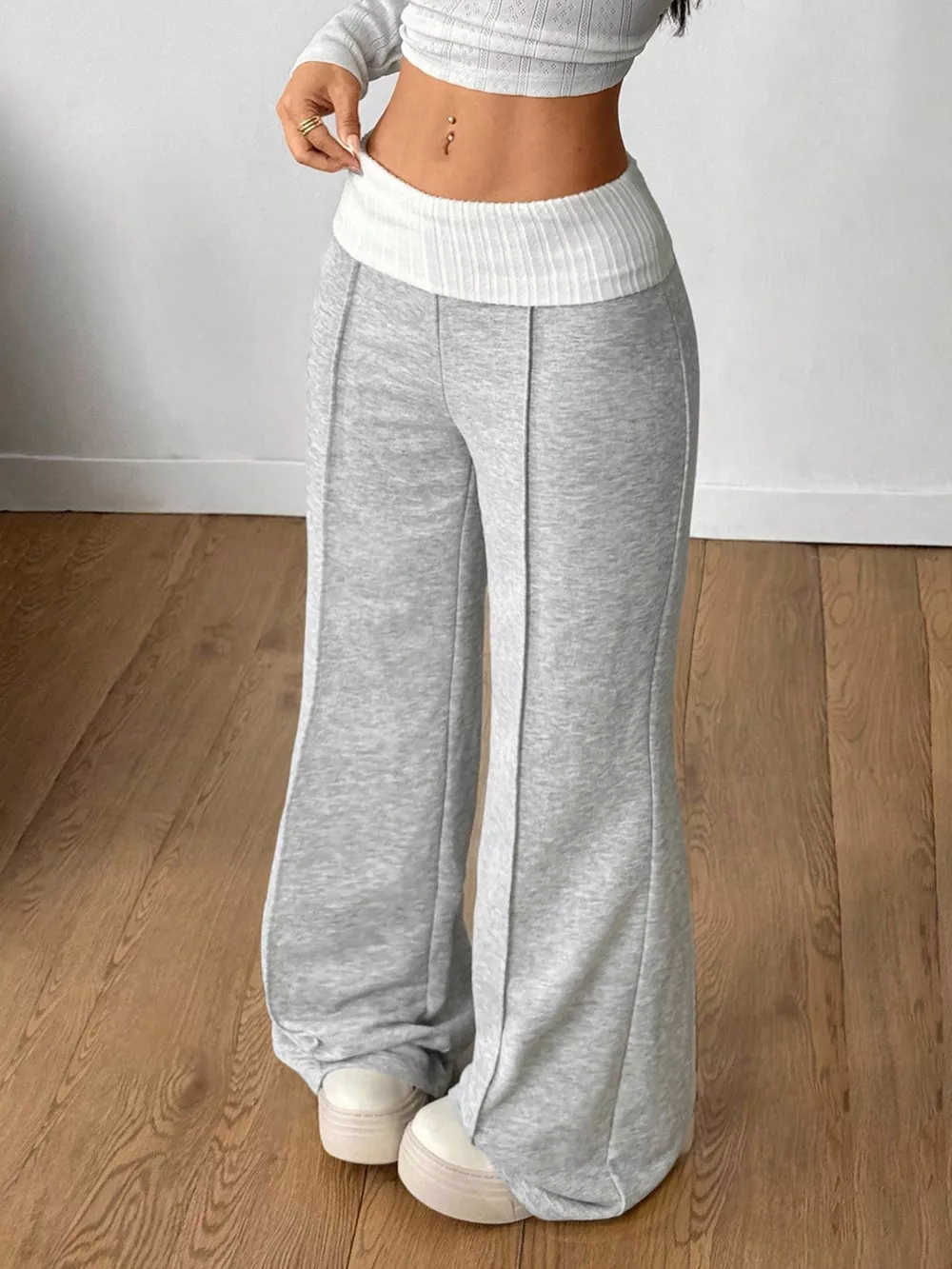 Ribbed Waistband Wide-Leg Pants, image 4