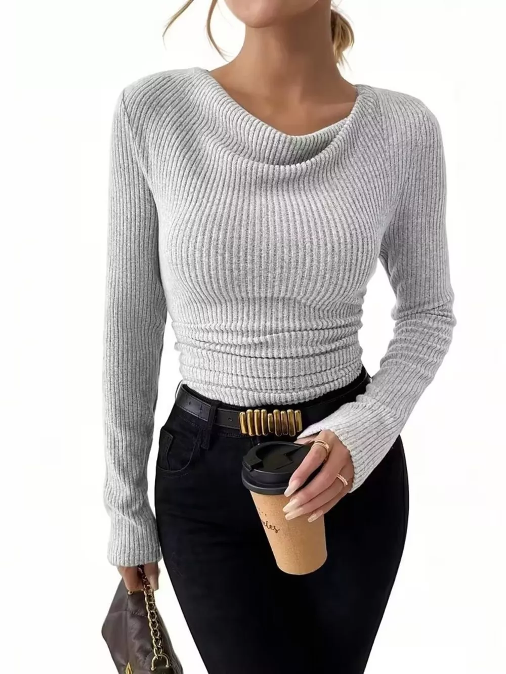 Cowl Neck Ribbed Knit Top, image 19