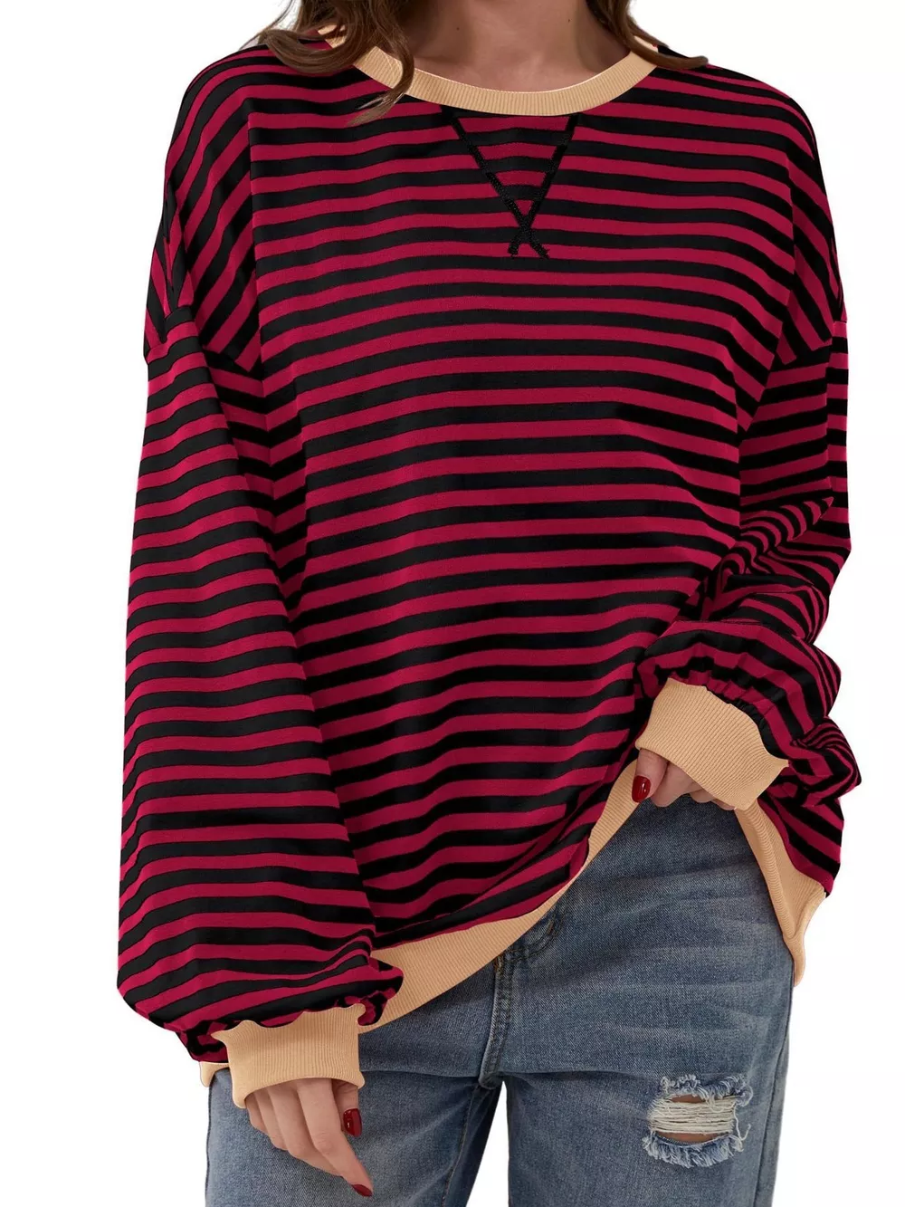 Striped Contrast Trim Oversized Sweatshirt, image 5