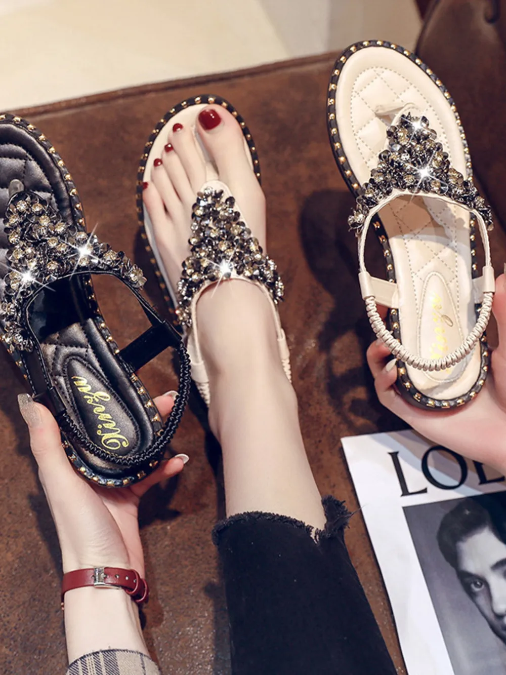 Rhinestone Embellished T-Strap Flat Sandals, image 3