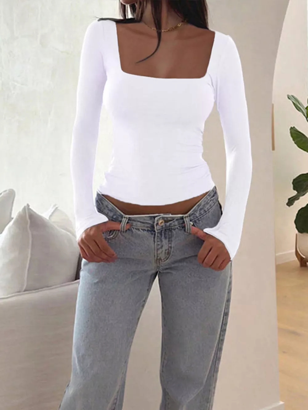 Square Neck Slim Fit Long Sleeve T-Shirt, image 15