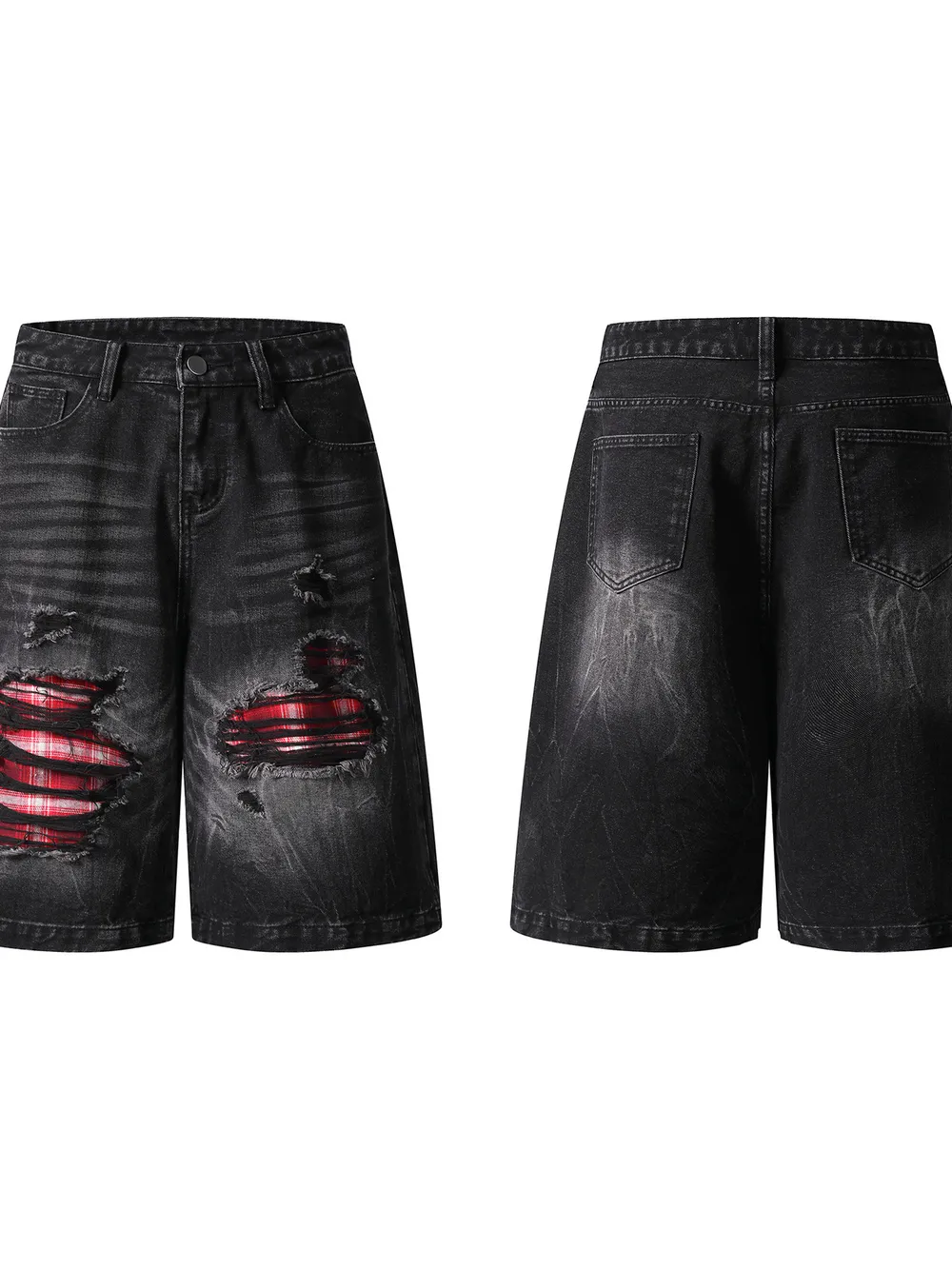 Men's Distressed Denim Shorts with Plaid Patches, image 4