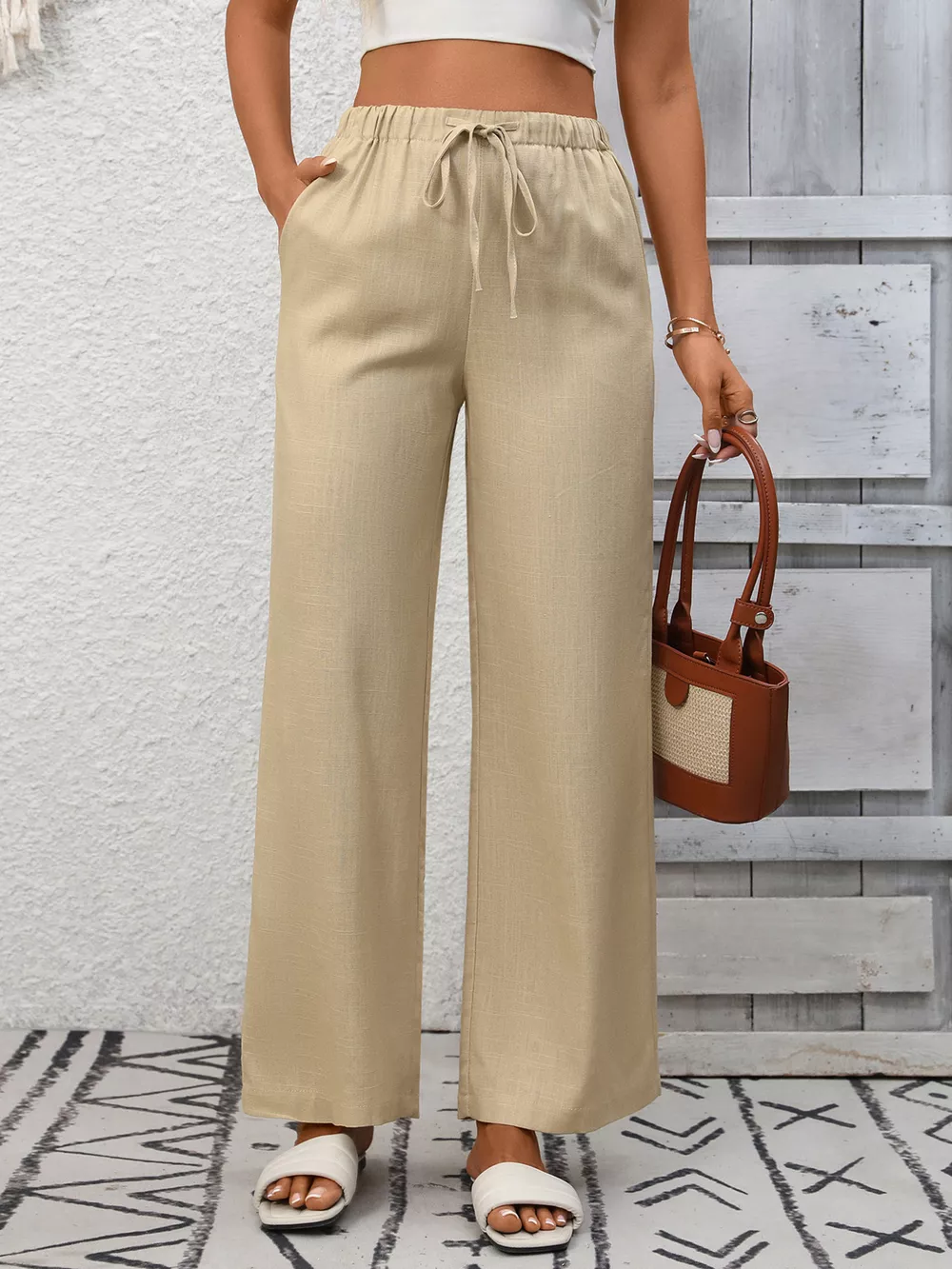 Drawstring High Waist Wide Leg Pants, image 5