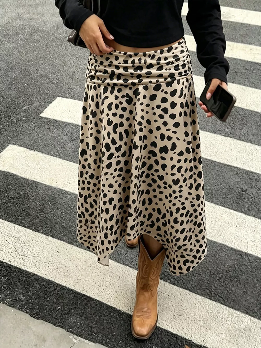 Leopard Print Asymmetrical Hem Midi Skirt, image 5