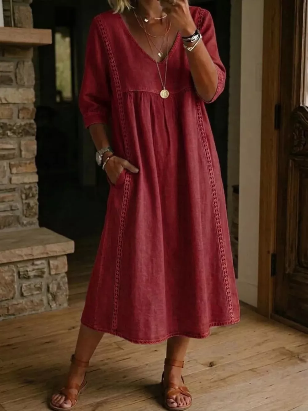 Full Size V-Neck 3/4 Sleeve Midi Dress Plus Size, image 7