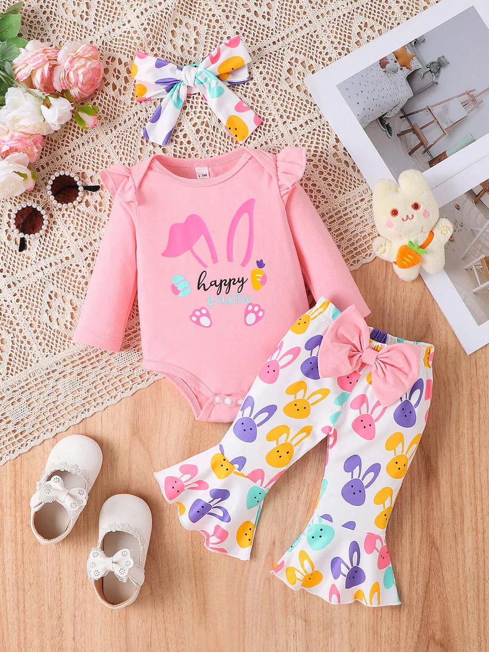 Children's Letter Ruffled Trim Bodysuit and Pants Set with Headband, image 14