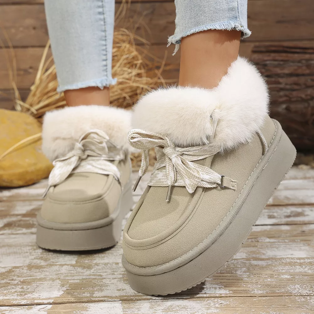 Plush Faux Fur Lined Platform Boots with Ribbon Lacing
