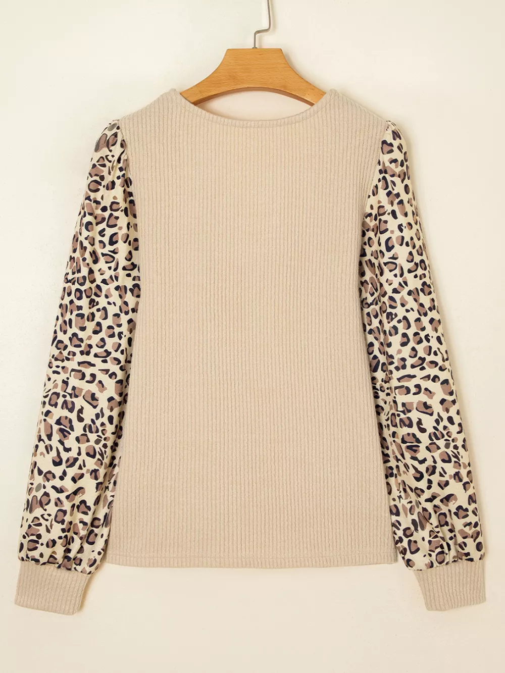 Leopard Sleeve Patchwork Ribbed Knit U Neck Top, image 9