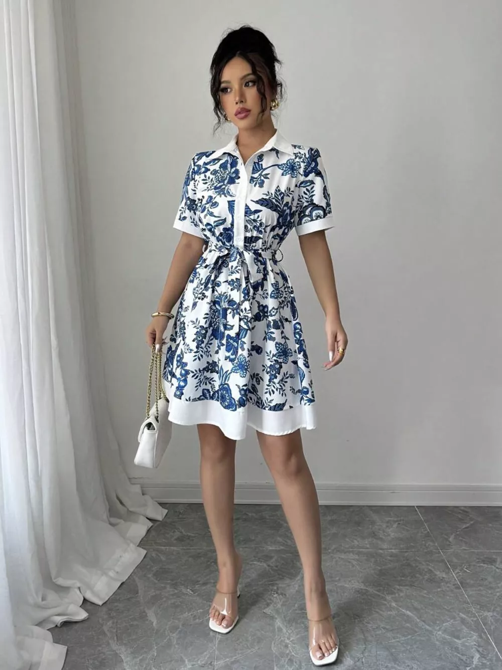 Floral Print Button-Front Shirt Dress, image 8