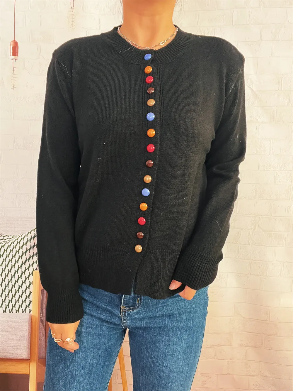 Button-Front Cardigan with Colorful Detail Buttons, image 12