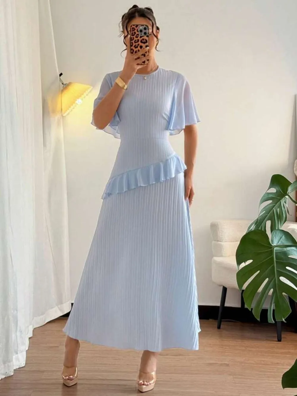 Ruffled Round Neck Flutter Sleeve Dress, image 10