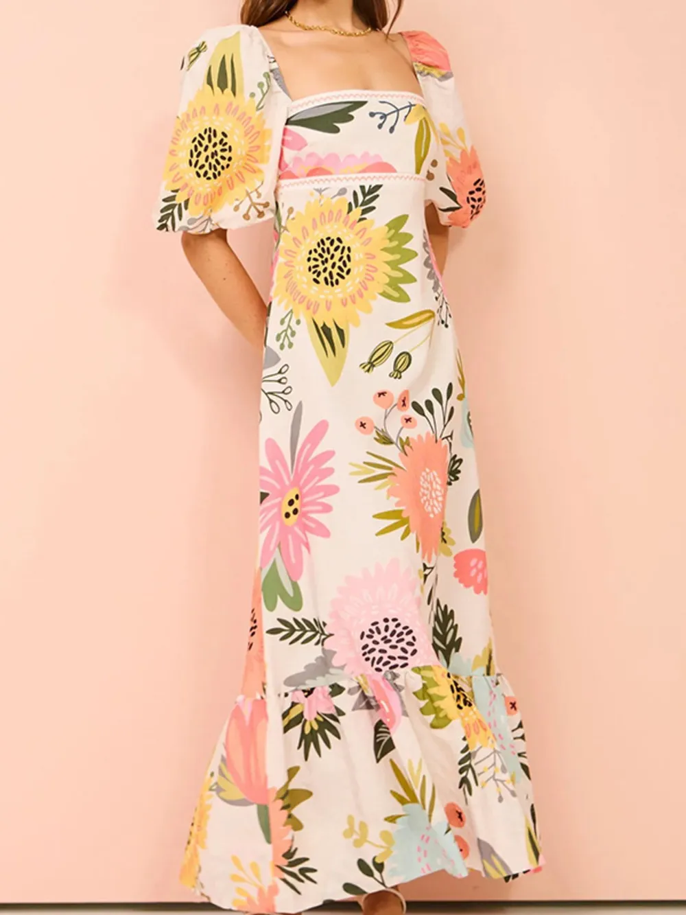Floral Square Neck Puff Sleeve Maxi Dress with Ruffle Hem, image 12