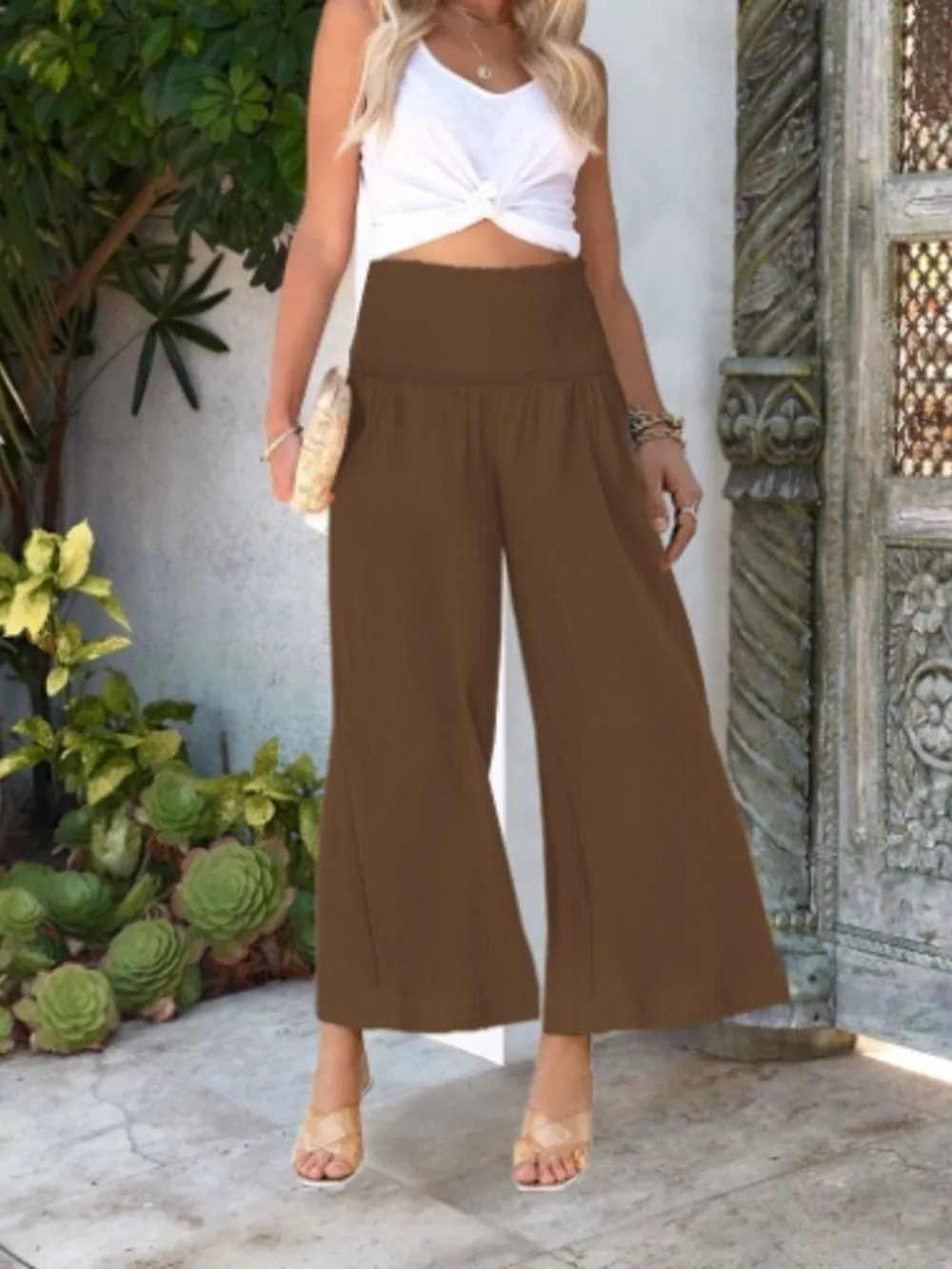 Wide-Leg Smocked Waist Pants, image 15