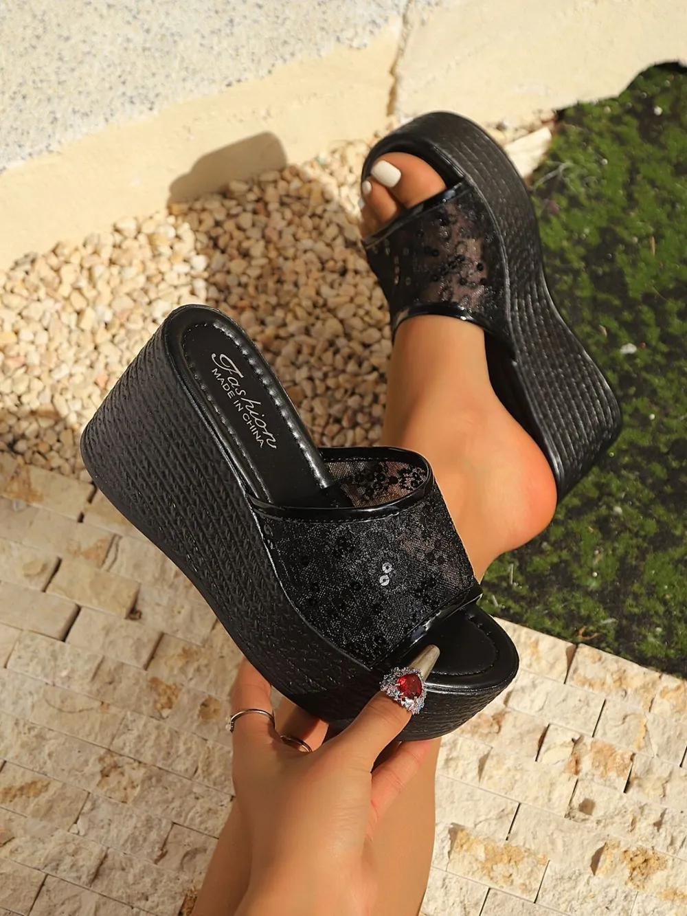 Lace Platform Wedge Sandals, image 5