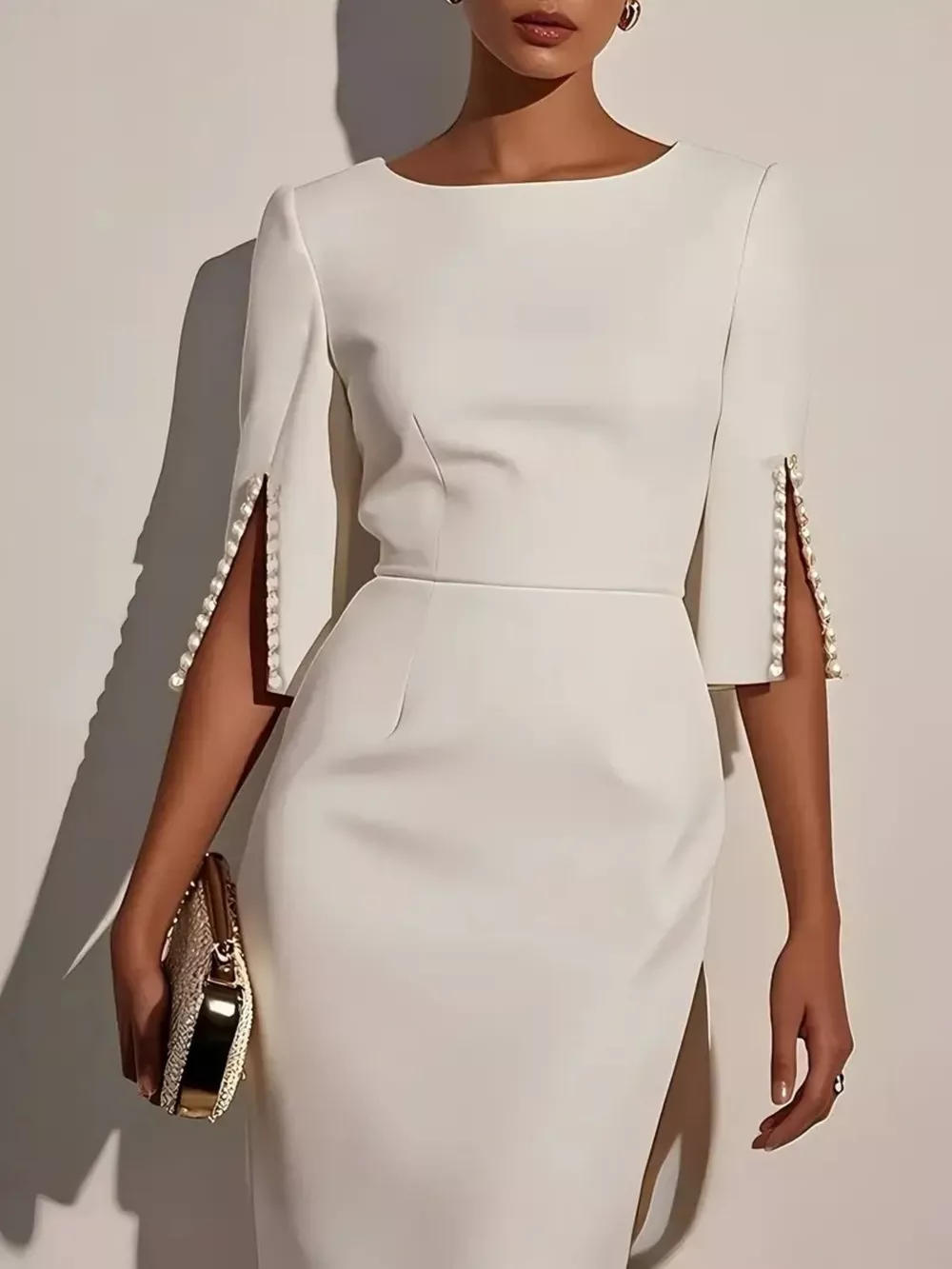 Slim-Fit Elegant Midi Dress with Beaded Slit Sleeve, image 9