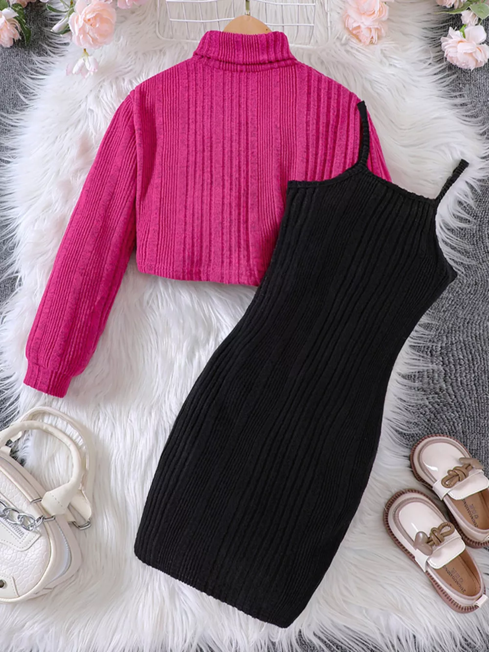 Children's Ribbed Knit Two-Tone Dress Set, image 7