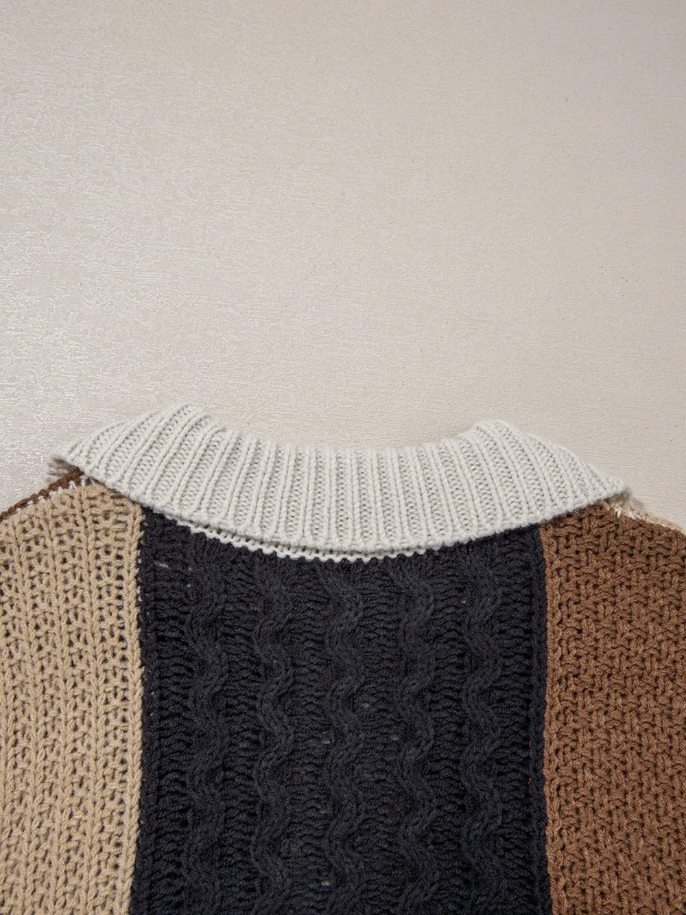 Multicolour Color Block Cable Knit Sleeve Buttons Collared Sweater, image 8
