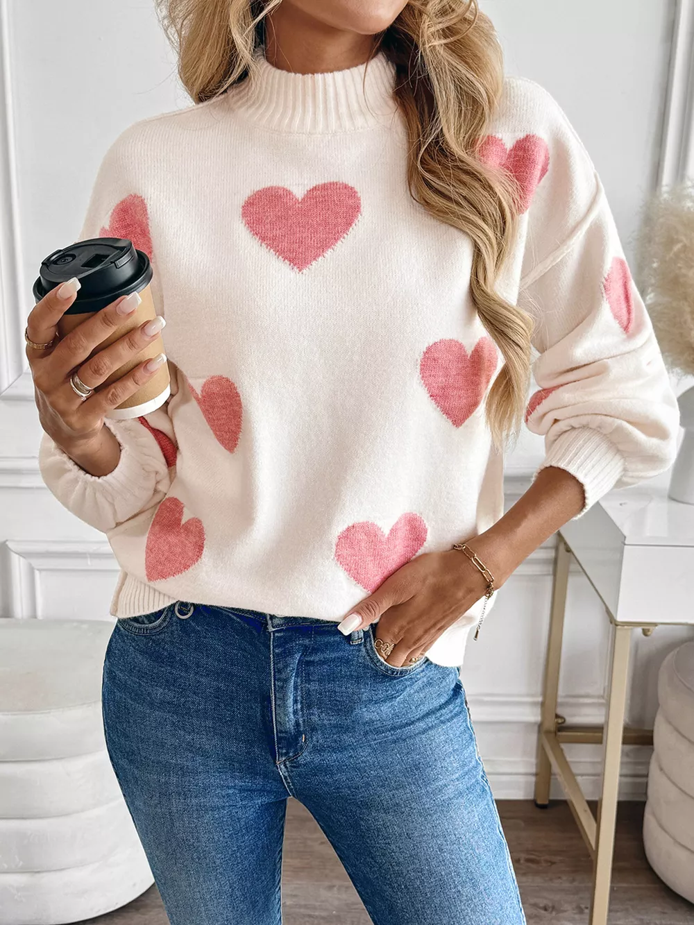 Heart Mock Neck Long Sleeve Sweater, image 7