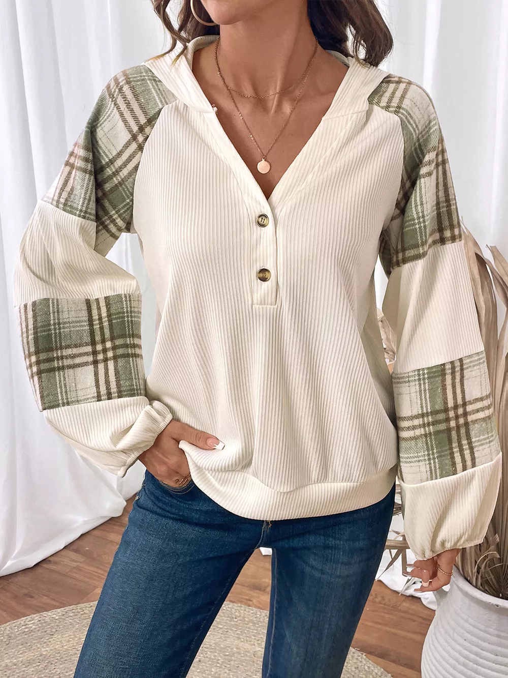 Plaid V-Neck Button Front Sweatshirt, image 5