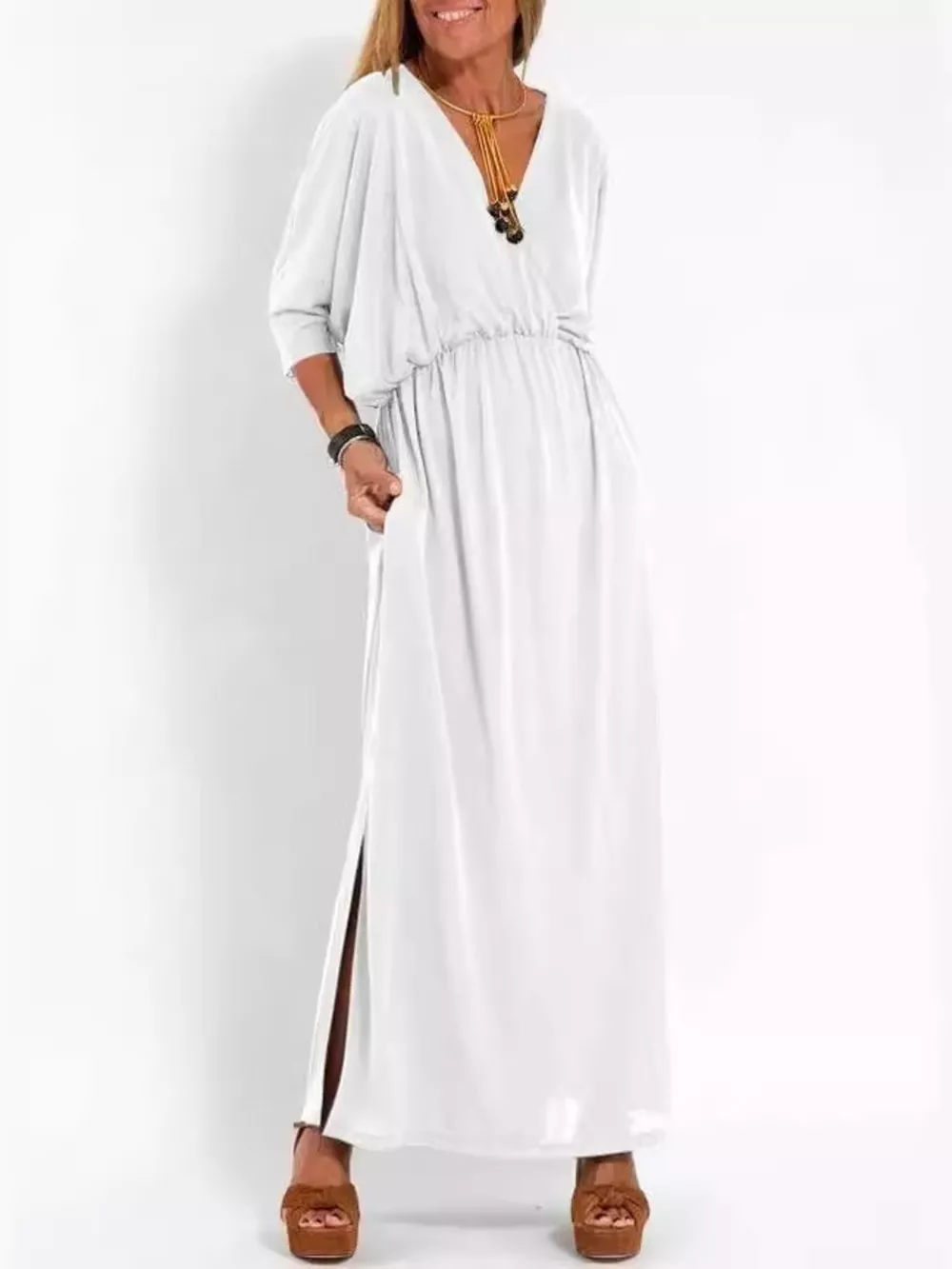 Full Size V-Neck Batwing Sleeve Maxi Dress with Side Slits Plus Size, image 15