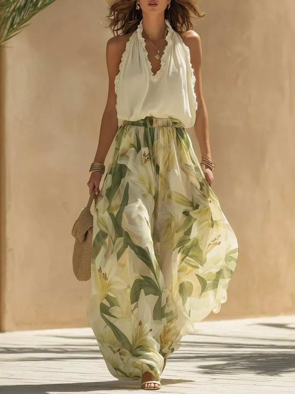 Frill Sleeveless Top and Wide-Leg Pants Two-Piece Set