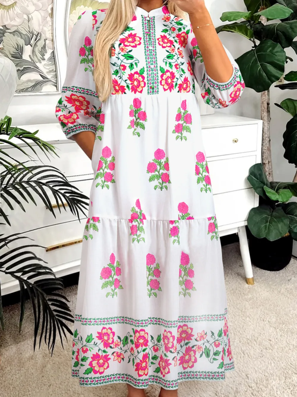 Floral Print Half Button Mandarin Neck 3/4 Sleeve Maxi Dress