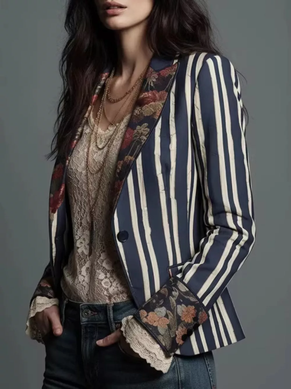 Striped Floral Contrast Slim Fit Blazer, image 2