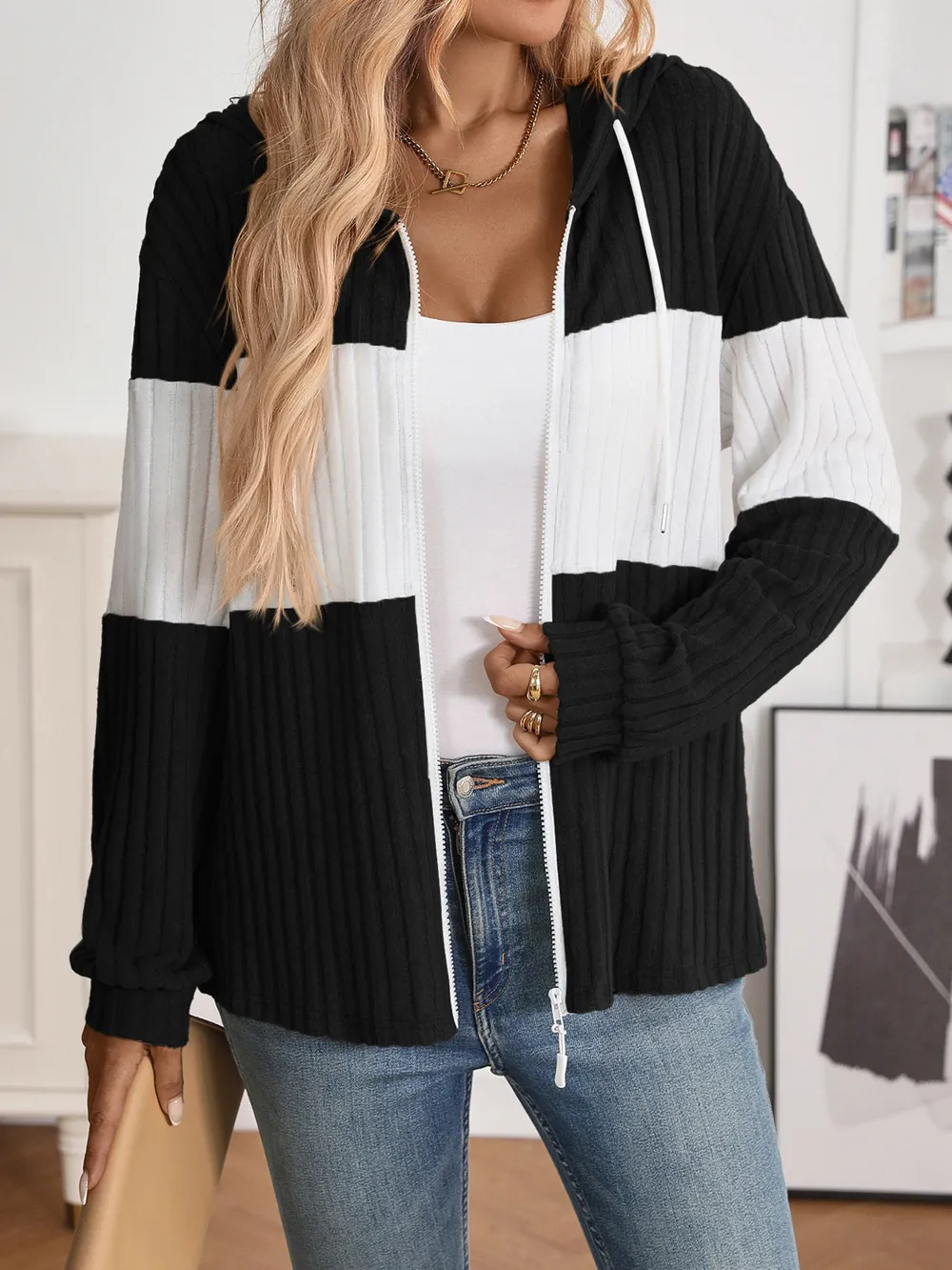 Drawstring Color Block Zip Up Outerwear, image 5