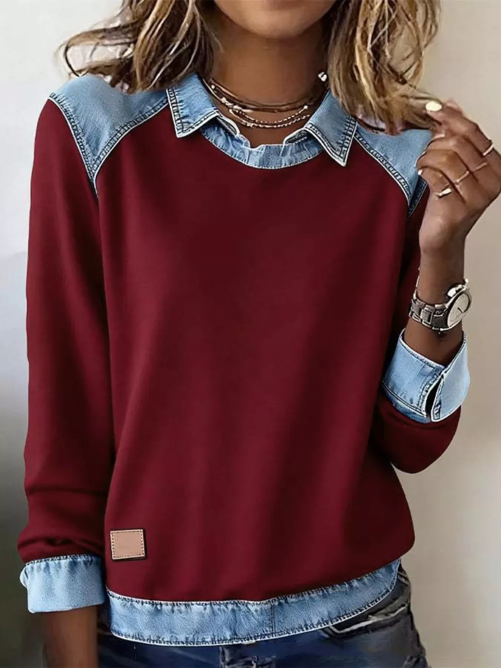 Full Size Denim Trim Long Sleeve Top Plus Size, image 13