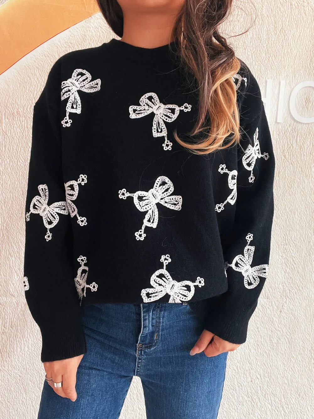 Bow Round Neck Long Sleeve Sweater, image 5