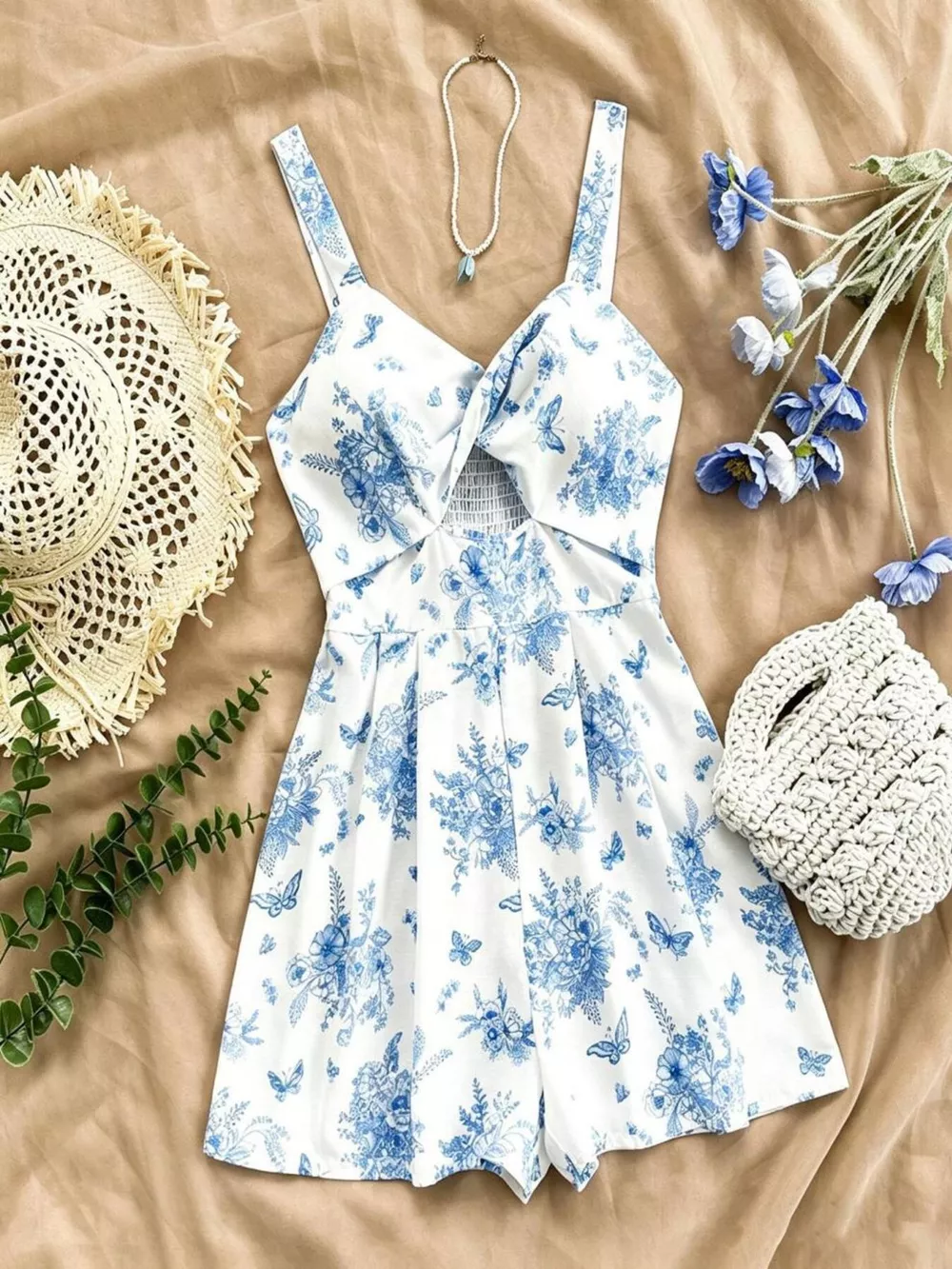 Floral Print Twist Front Cutout Romper, image 5