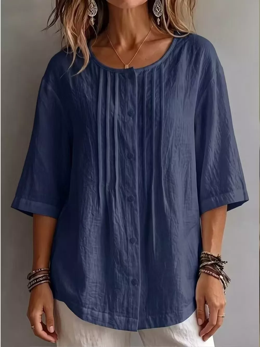 Full Size Texture Round Neck 3/4 Sleeve Blouse Plus Size, image 7