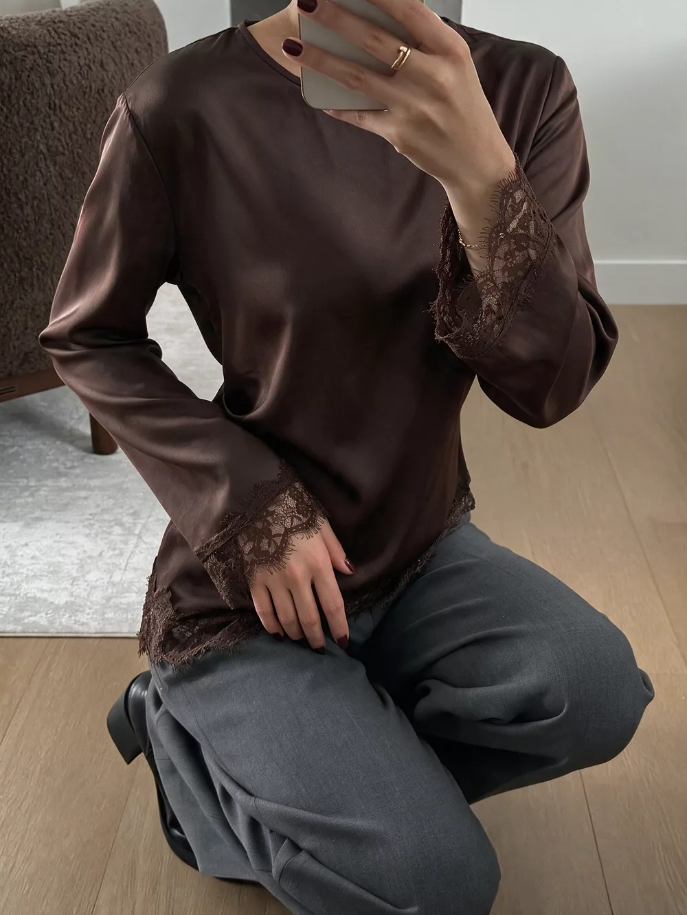Lace Trim Long Sleeve Satin Blouse, image 2