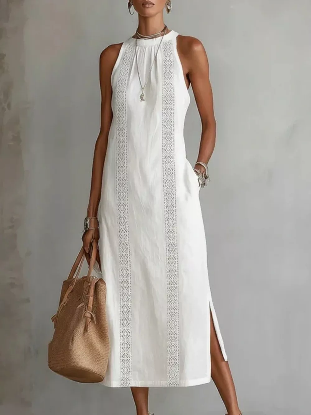 Side Slit Sleeveless Hollow-Out Trimmed Midi Dress, image 2