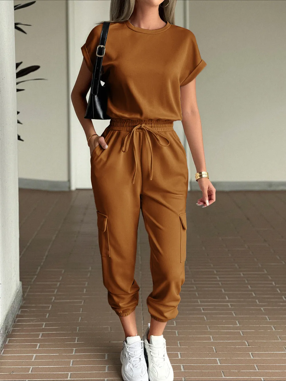 Round Neck Short Sleeve Top and Pants Set, image 4