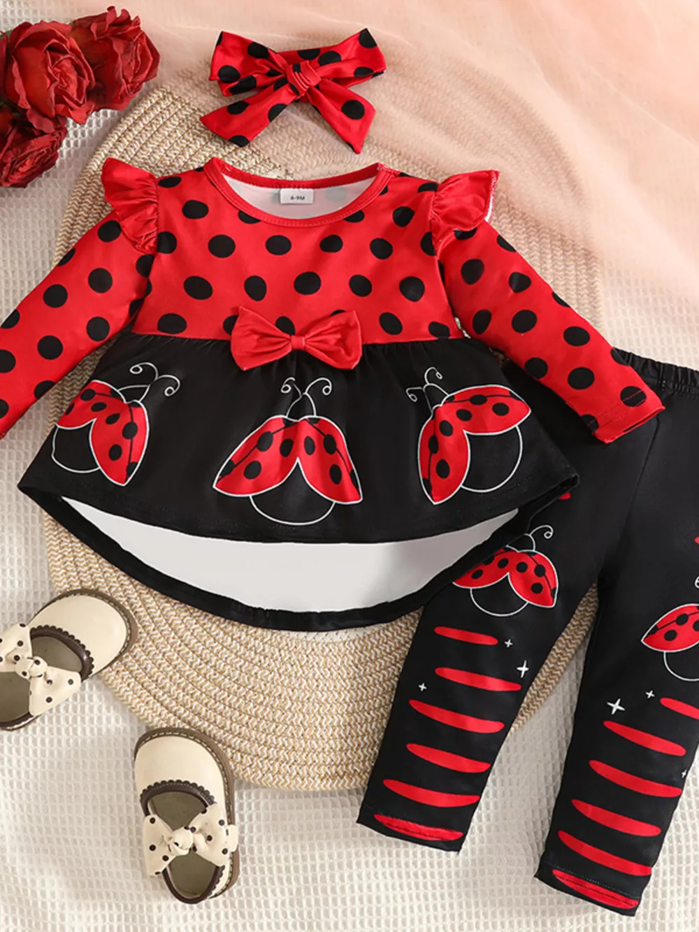 Children's Ladybug Polka Dot Ruffle Trim Top and Pants Set with Headband, image 2