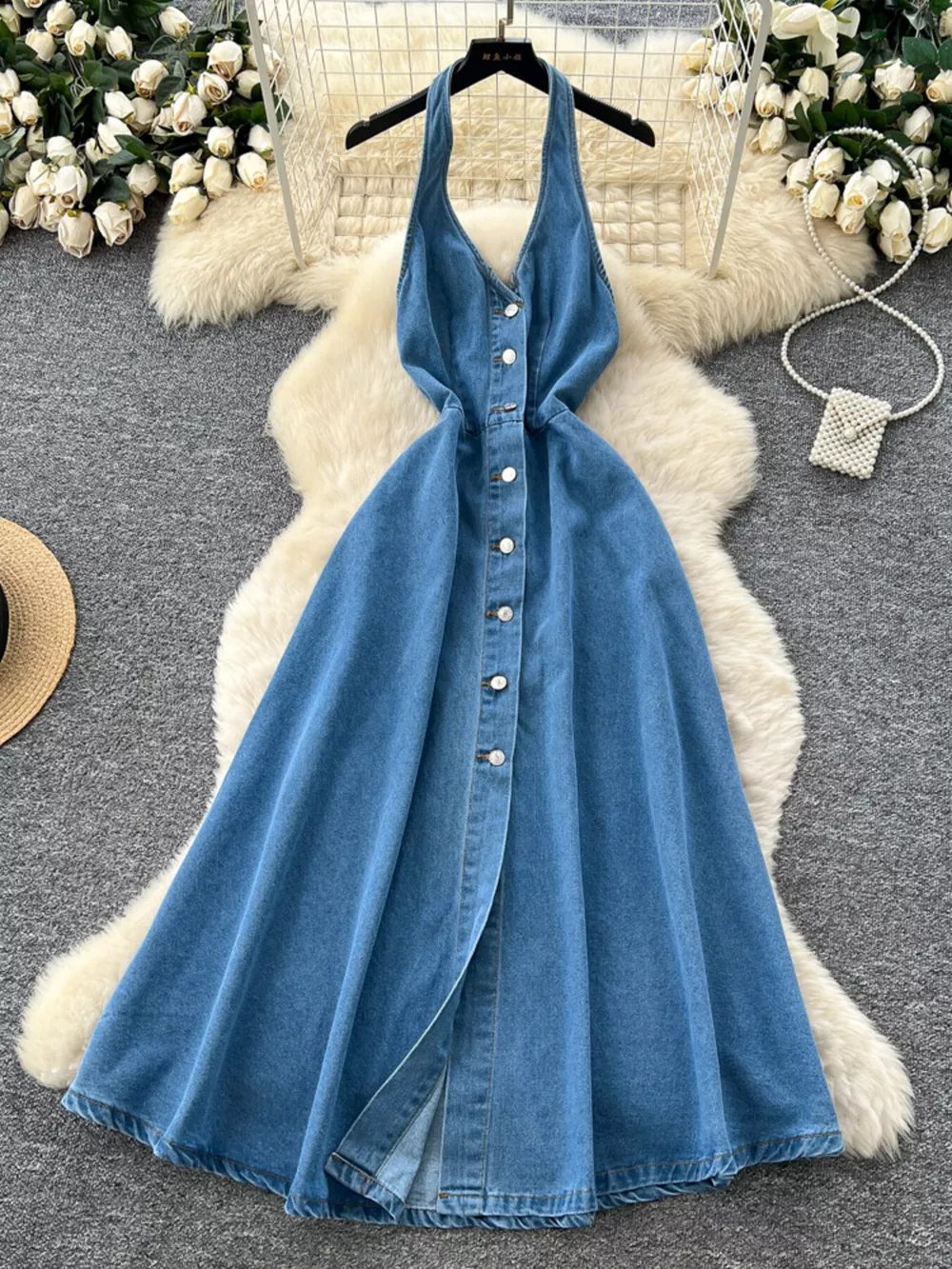 Halter Neck Button-Down Denim Dress
