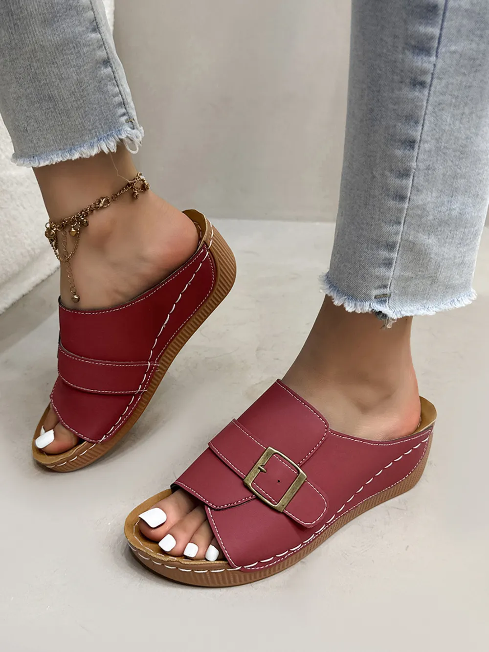 Casual Buckle Strap Wedge Sandals, image 4